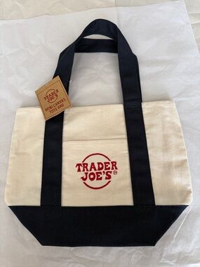 Trader Joe's Canvas Mini Tote Bag - Cream & Black with Red Logo